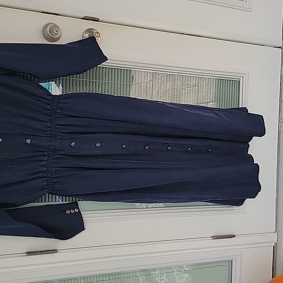 Vintage 80's Dresses Elisabeth Silk Shirt Dress Navy Blue Sz 16 Has Pockets - Picture 4 of 10